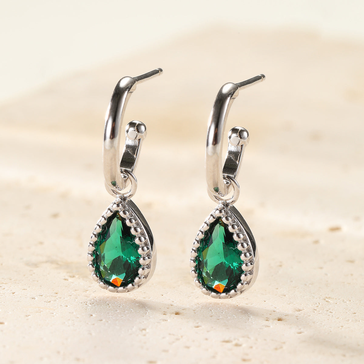 May Emerald Birthstone Hoop Earrings Sterling Silver