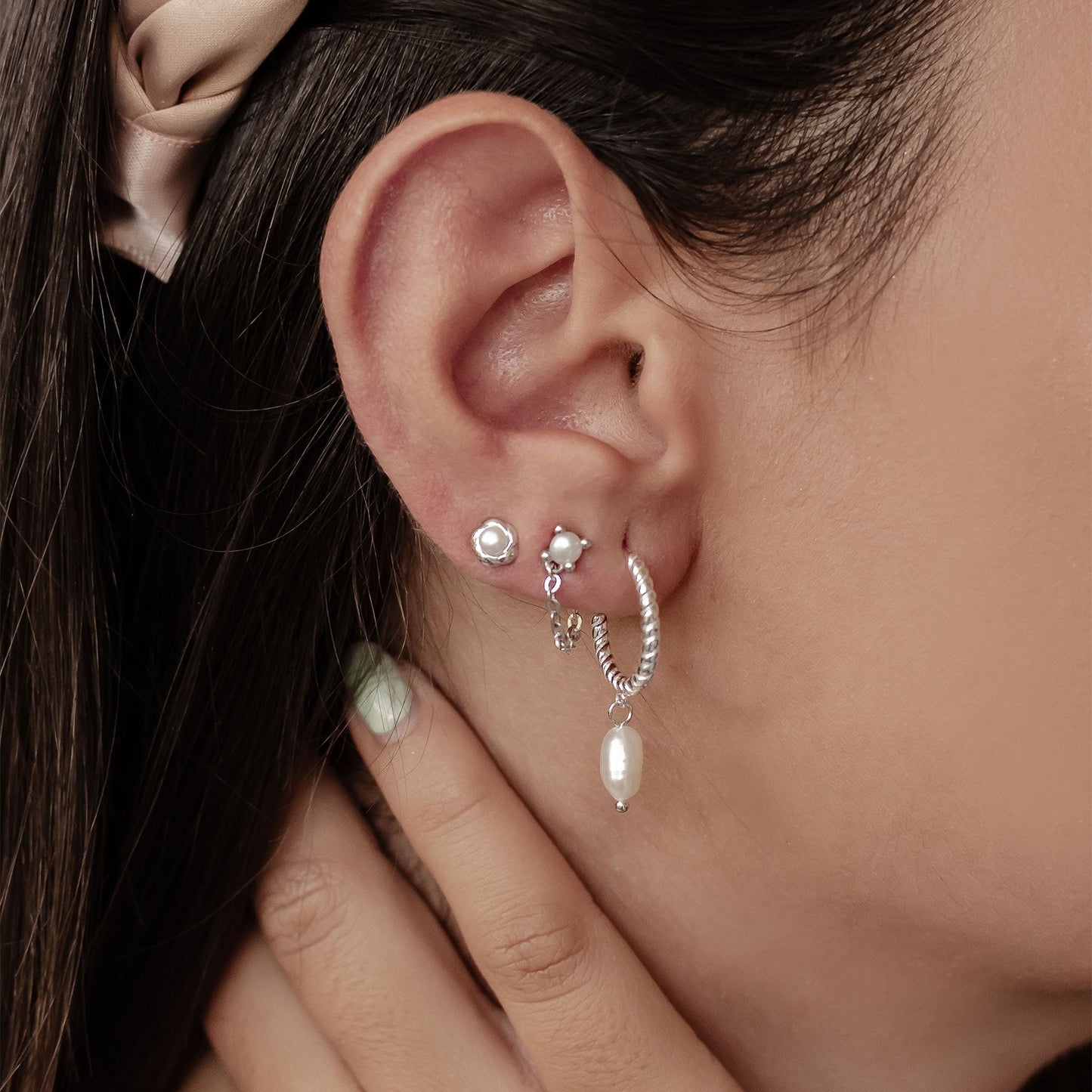 Pearl Hoop & Stud Earrings Set Sterling Silver