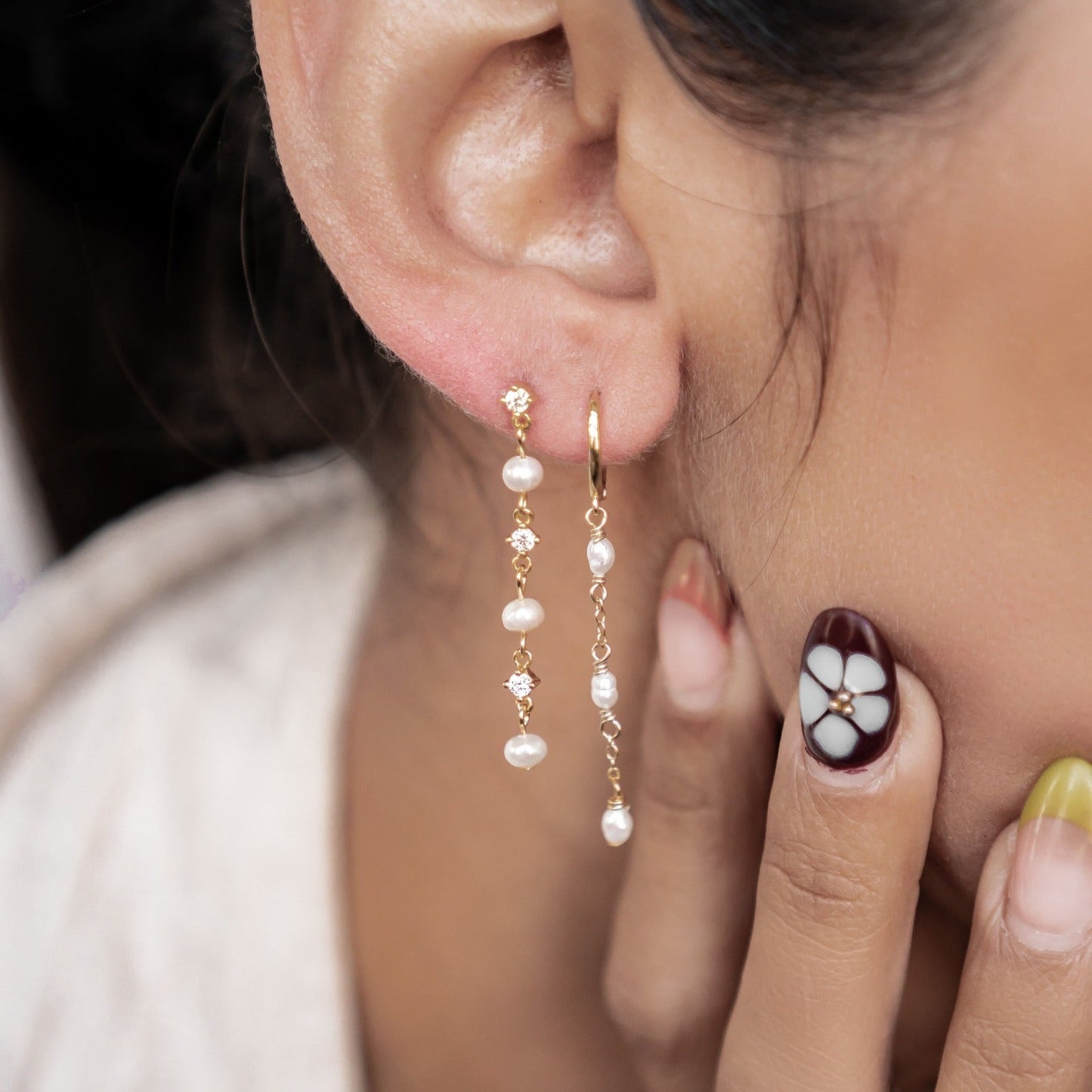 Triple Pearl Huggie Earrings Sterling Silver Gold