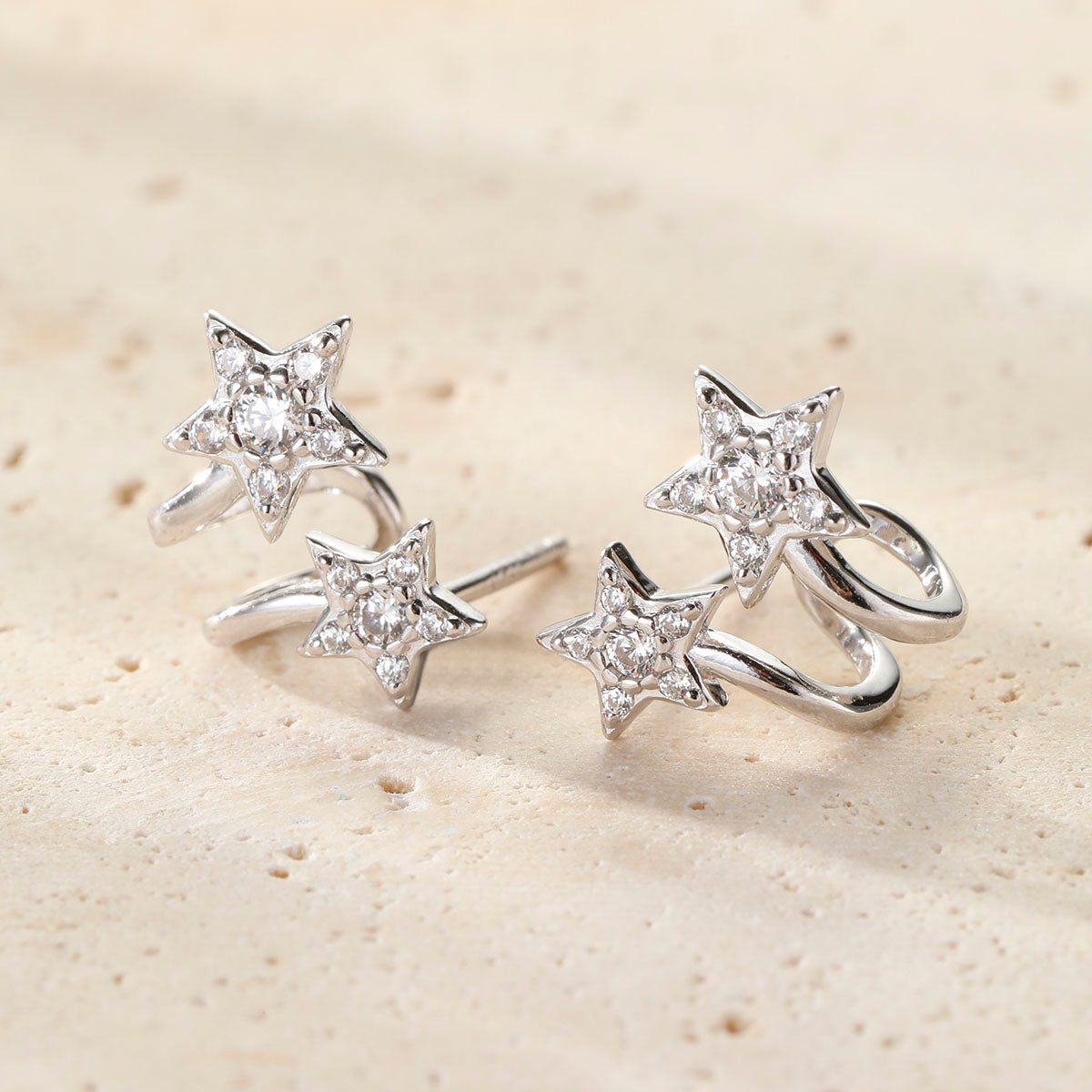 Twin Shooting Star Huggie Stud Earrings Sterling Silver