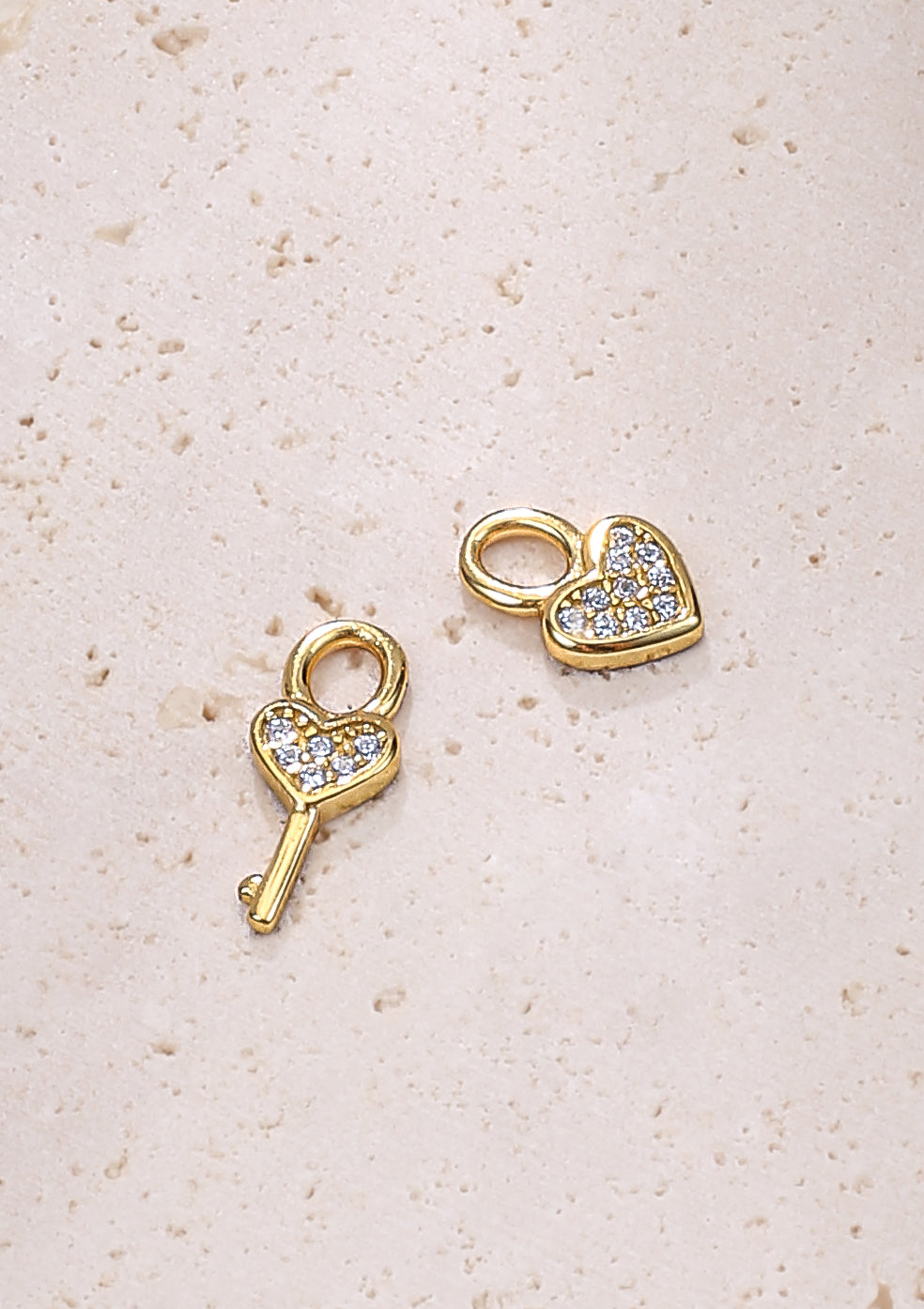 Heart and Key Charm Hoop Earrings Sterling Silver Gold