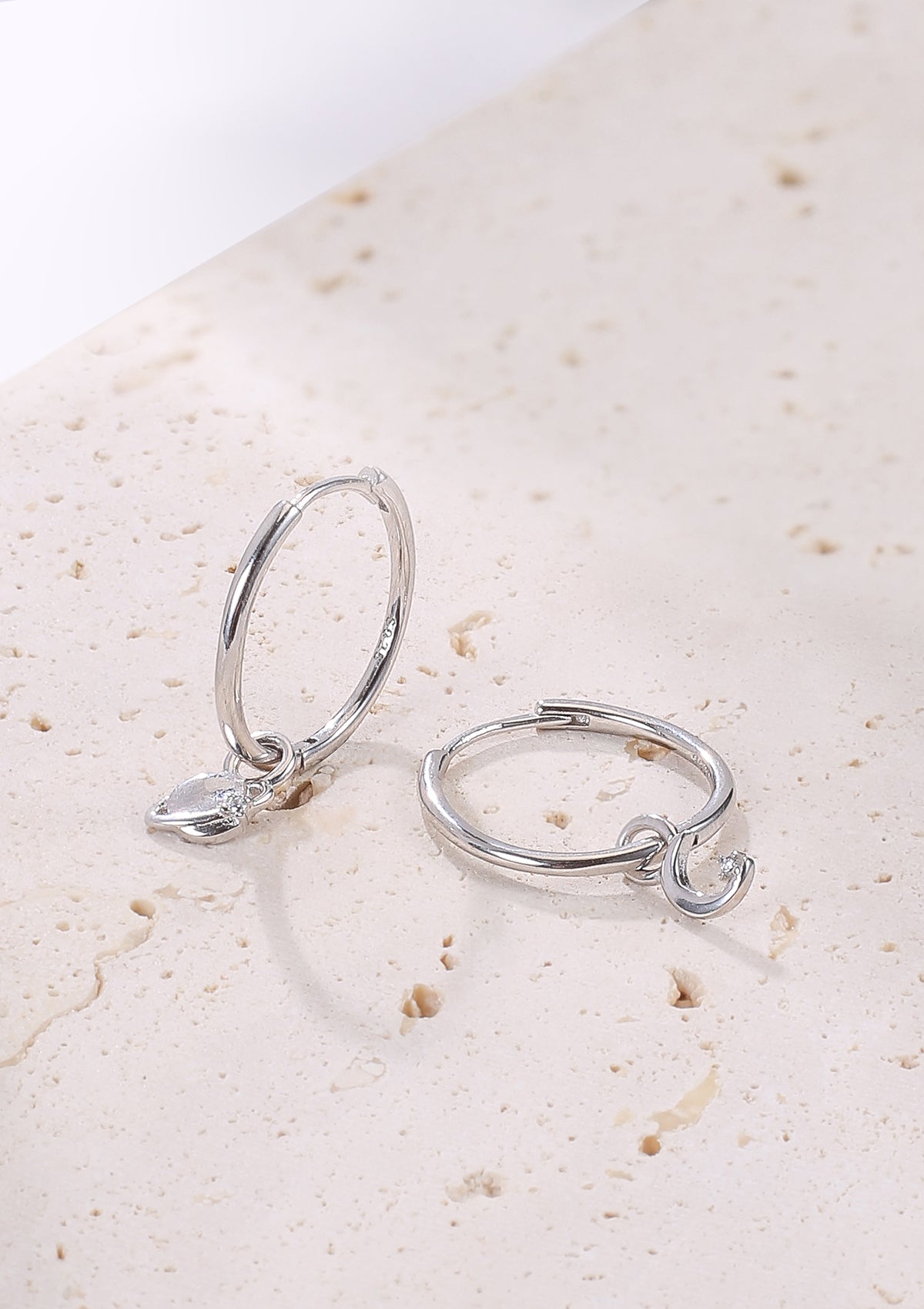 Moon and Planet Charm Hoop Earrings Sterling Silver