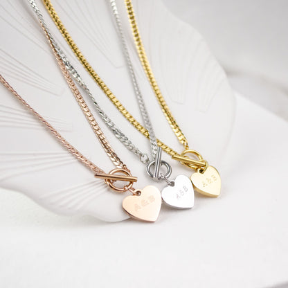Heart Charm T-Bar Chain Necklace Silver