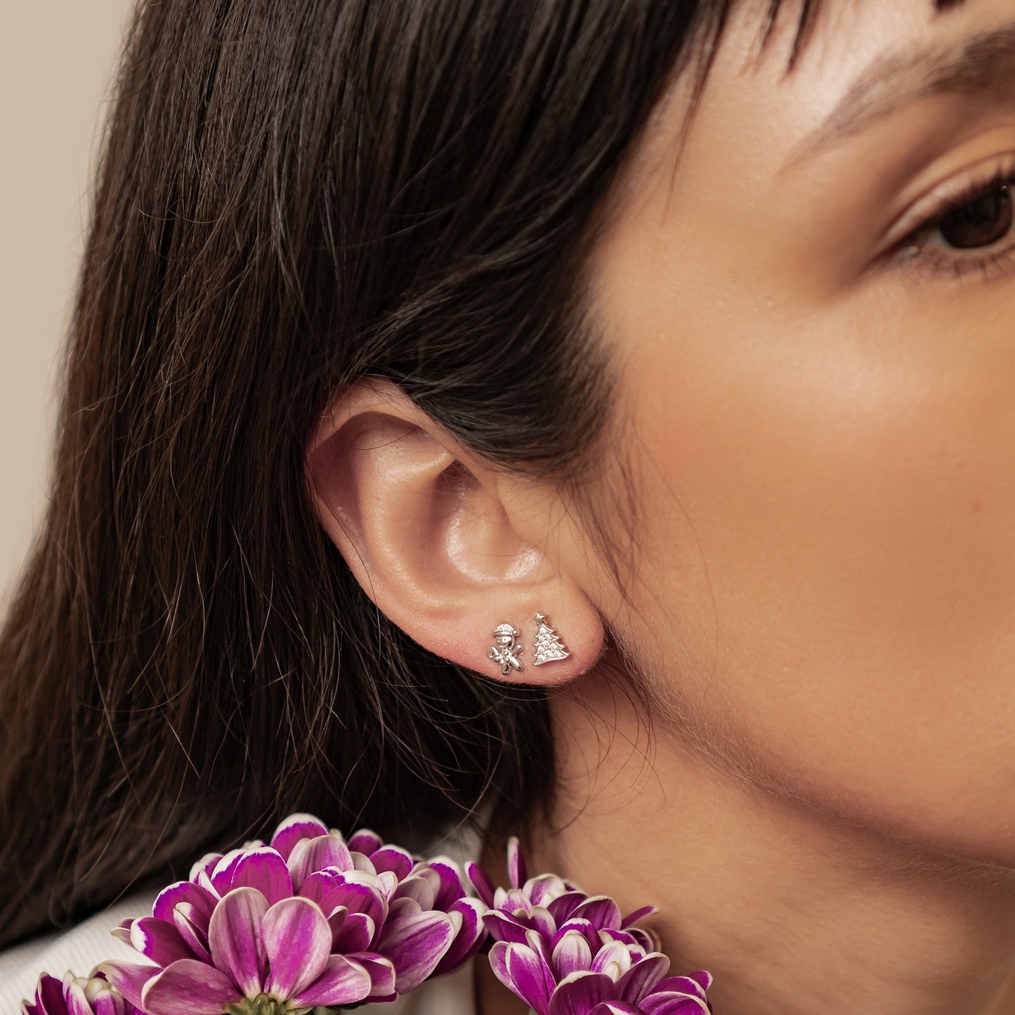 Christmas Tree & Gingerbread Stud Earrings Sterling Silver