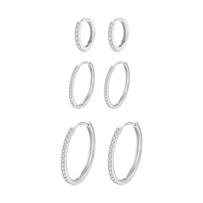 Clear Stone Trio Earring Hoop Set Sterling Silver