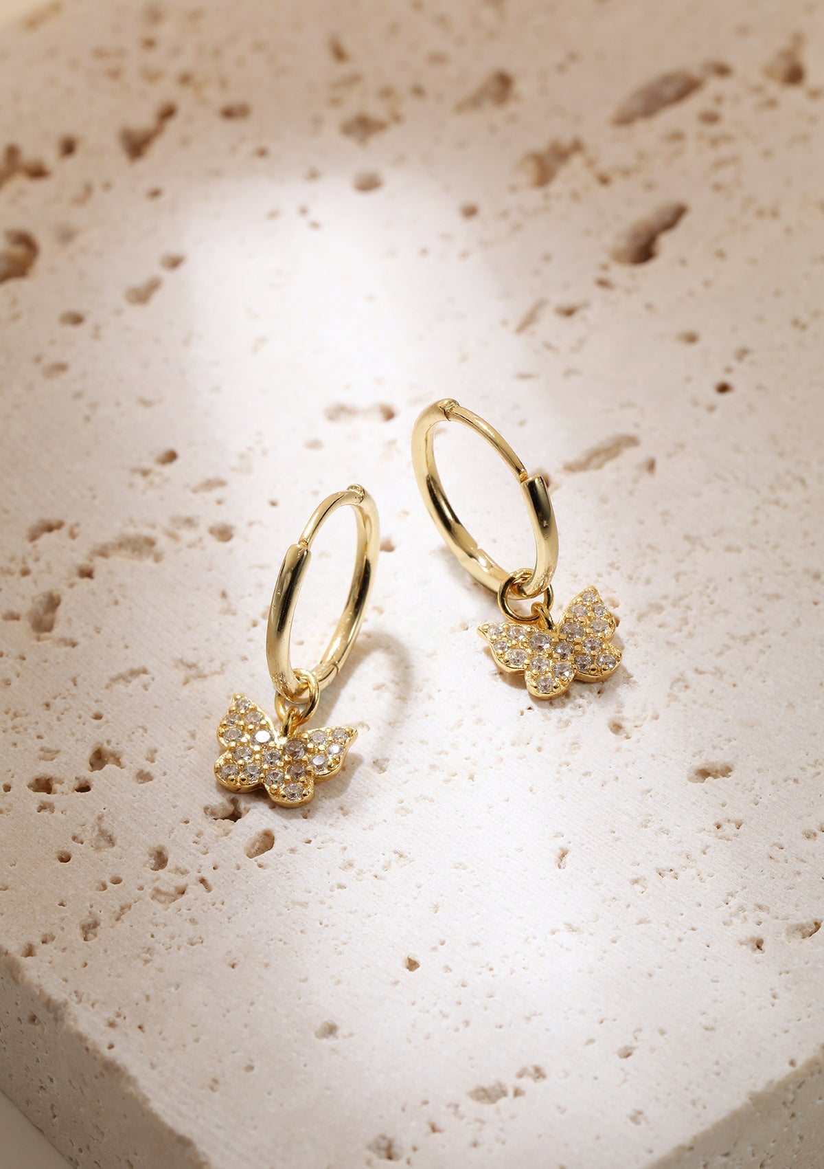 Butterfly Charm Hoop Earrings Sterling Silver Gold