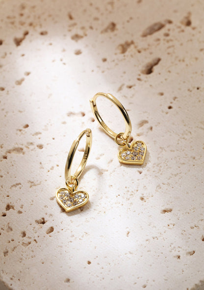 Heart Charm Hoop Earrings Sterling Silver Gold