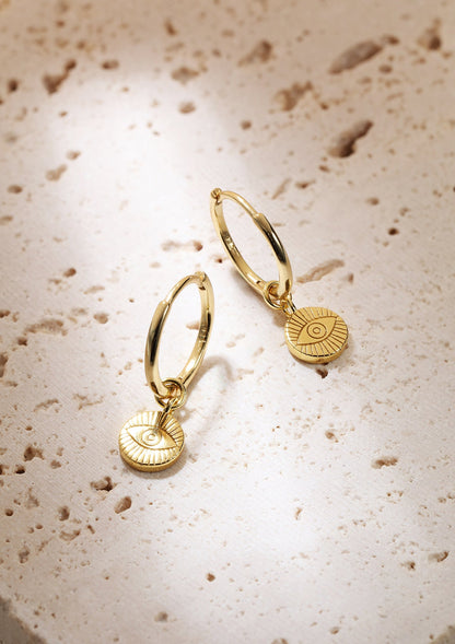 Evil Eye Charm Hoop Earrings Sterling Silver Gold