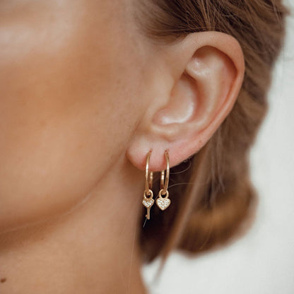 Heart and Key Charm Hoop Earrings Sterling Silver Gold