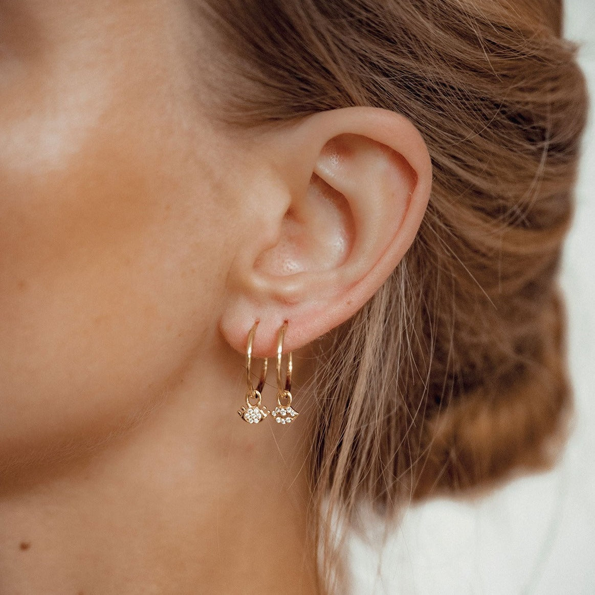 Eyes and Lips Charm Hoop Earrings Sterling Silver Gold