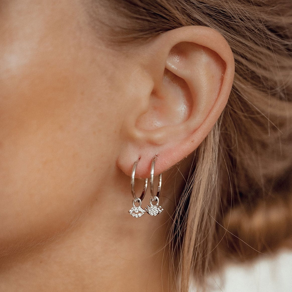 Eyes and Lips Charm Hoop Earrings Sterling Silver