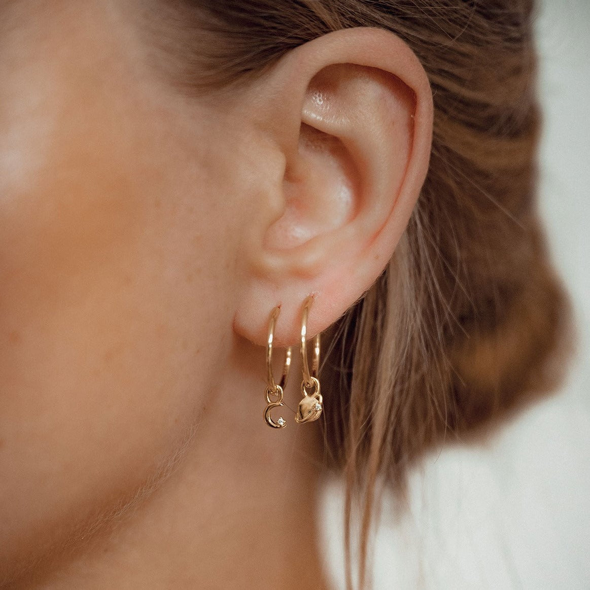 Moon and Planet Charm Hoop Earrings Sterling Silver Gold