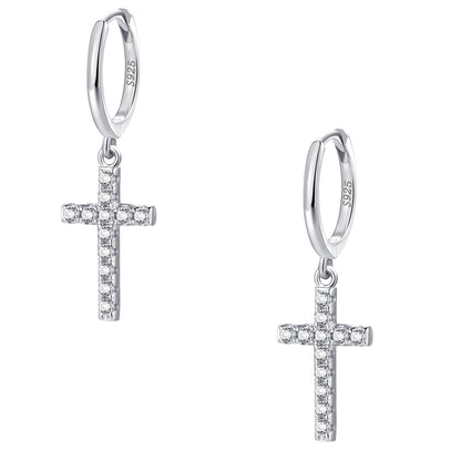 Cross Huggie Earrings Sterling Silver Gold