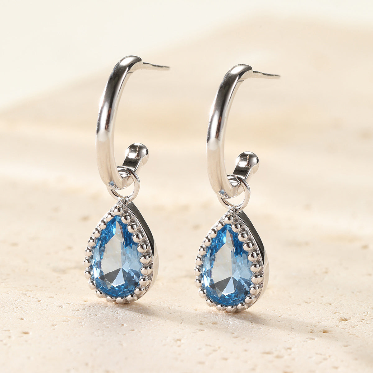 December Blue Topaz Birthstone Hoop Earrings Sterling Silver