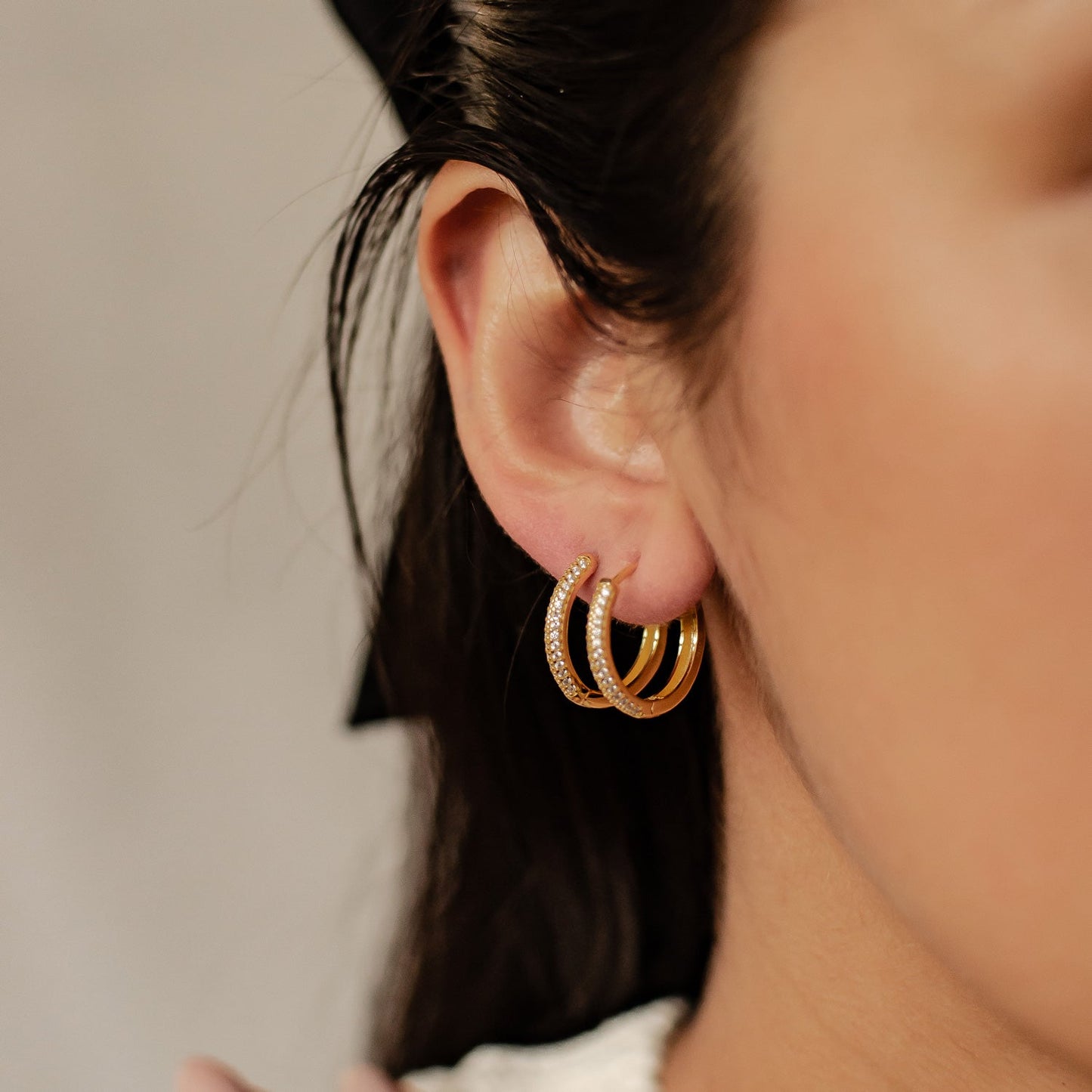 Double Clear Stone Hoop Earrings Sterling Silver