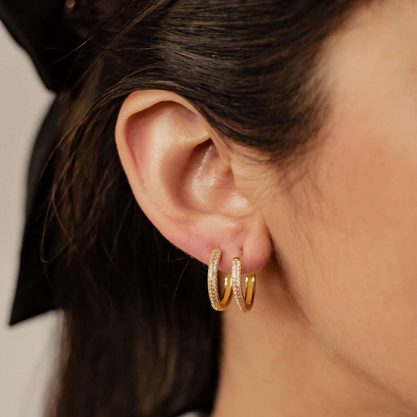 Double Clear Stone Hoop Earrings Sterling Silver