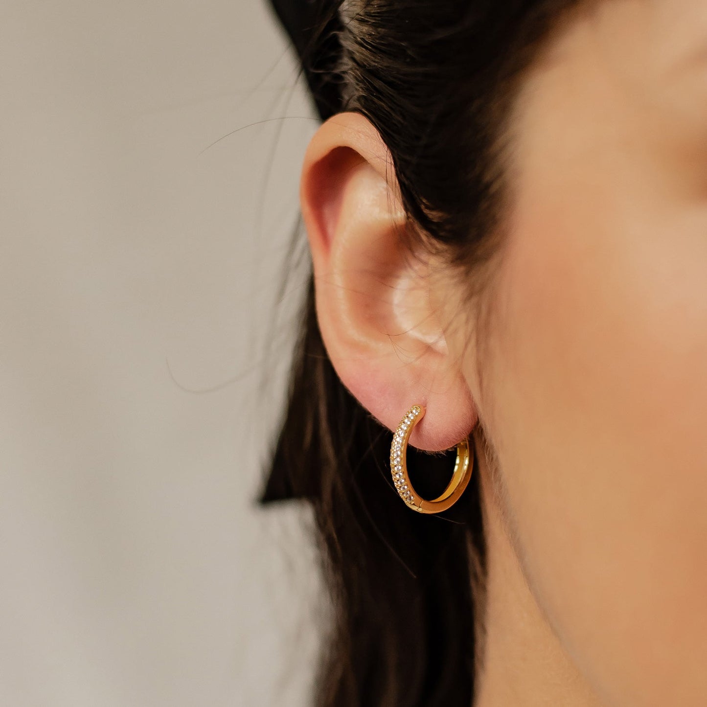 Double Clear Stone Hoop Earrings Sterling Silver