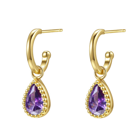 February Amethyst Birthstone Hoop Earrings Sterling Silver
