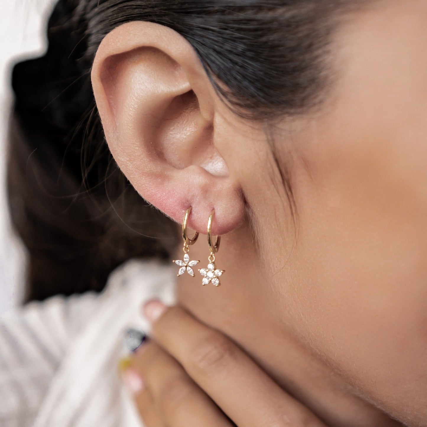 Gemstone Daisy Huggie Earrings Sterling Silver