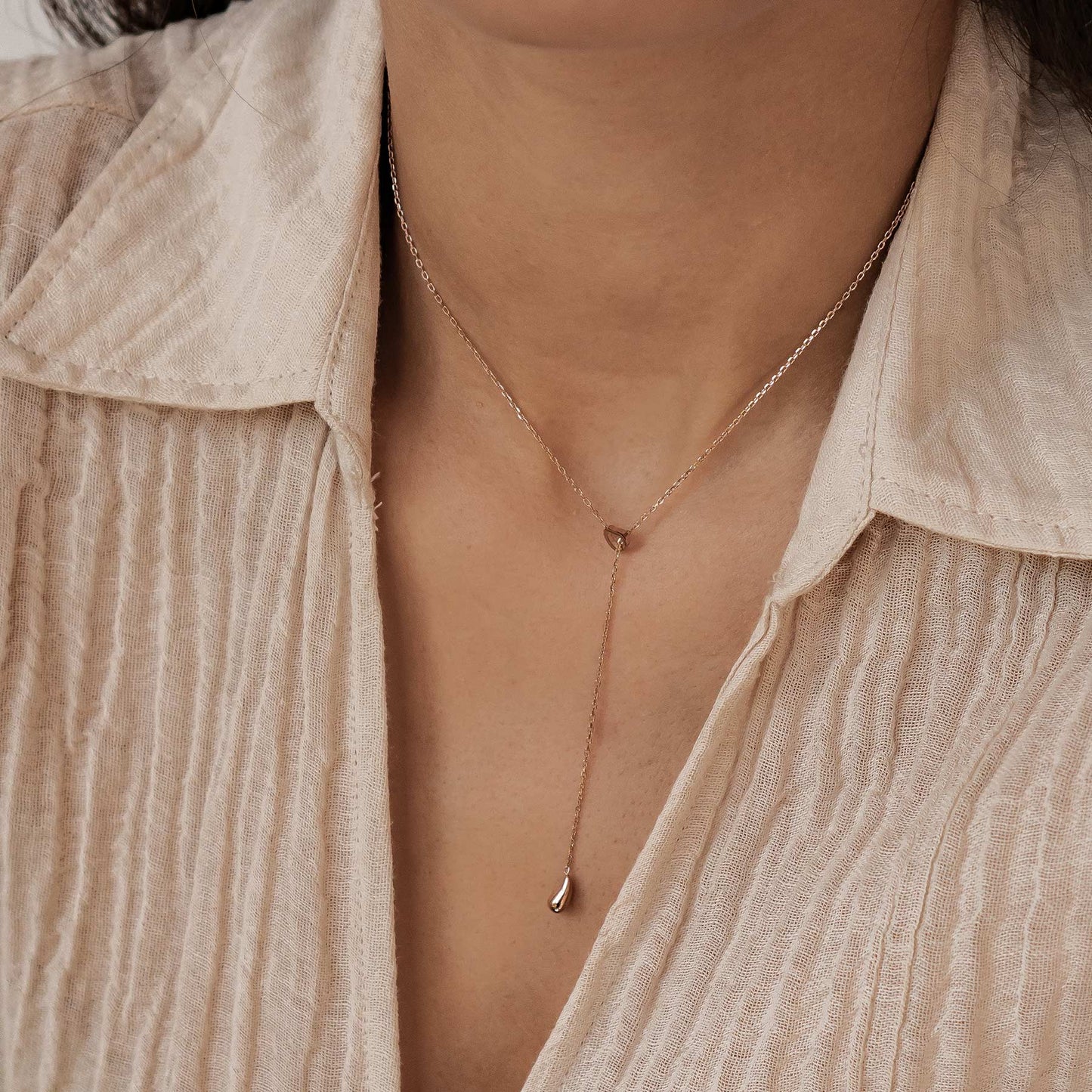 Heart Lariat Necklace with Raindrop Charm Waterproof