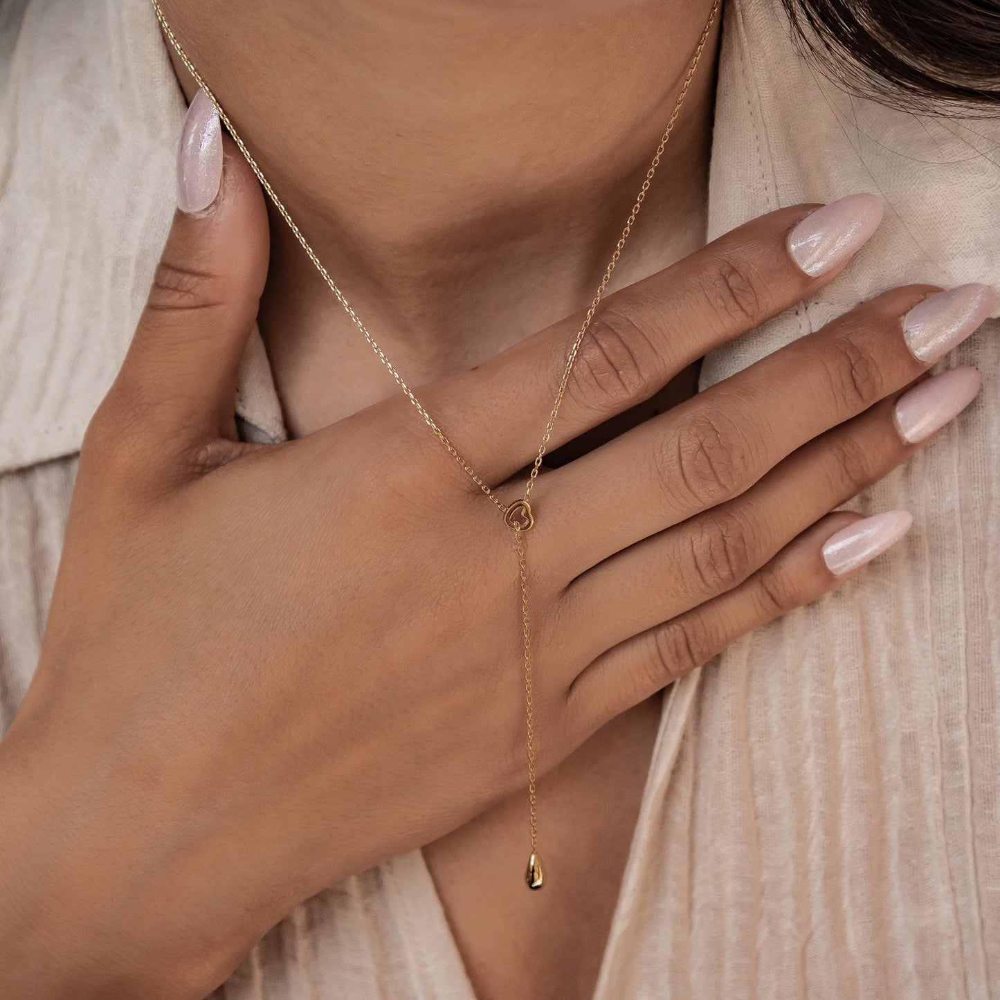 Heart Lariat Necklace with Raindrop Charm Waterproof