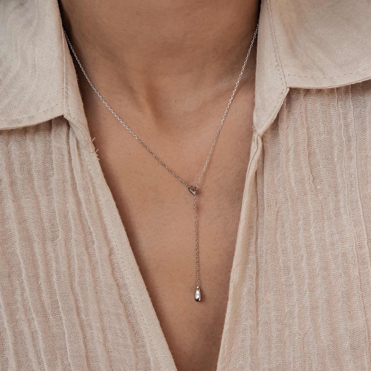 Heart Lariat Necklace with Raindrop Charm Waterproof