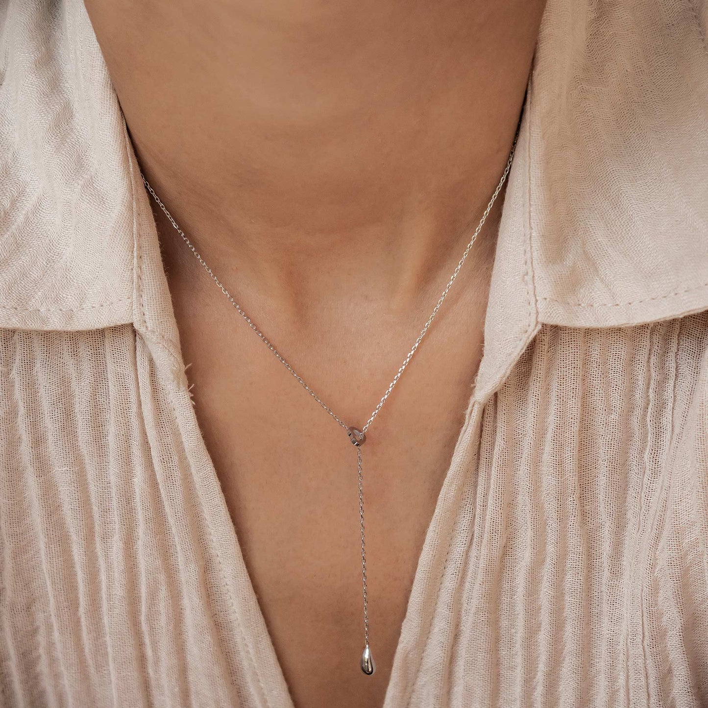 Heart Lariat Necklace with Raindrop Charm Waterproof