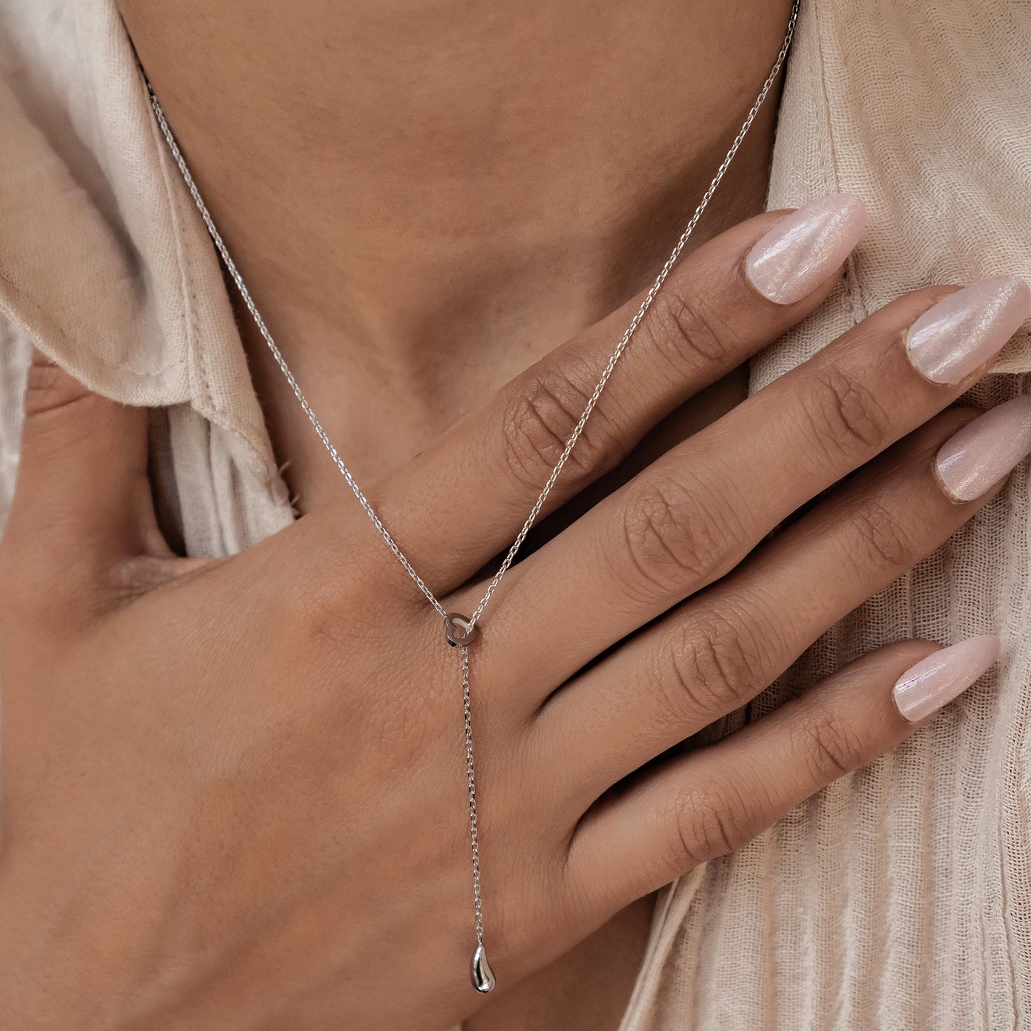 Heart Lariat Necklace with Raindrop Charm Waterproof