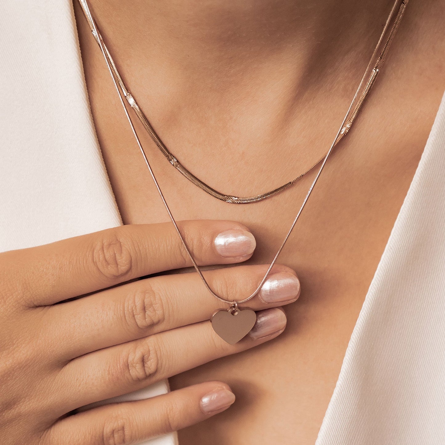 Heart and Textured Snake Chain Necklace Set Waterproof