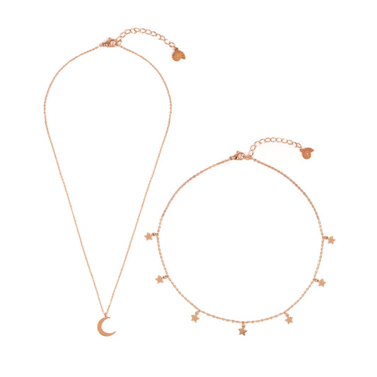 Star Choker Moon Necklace Jewelry Set Rose Gold