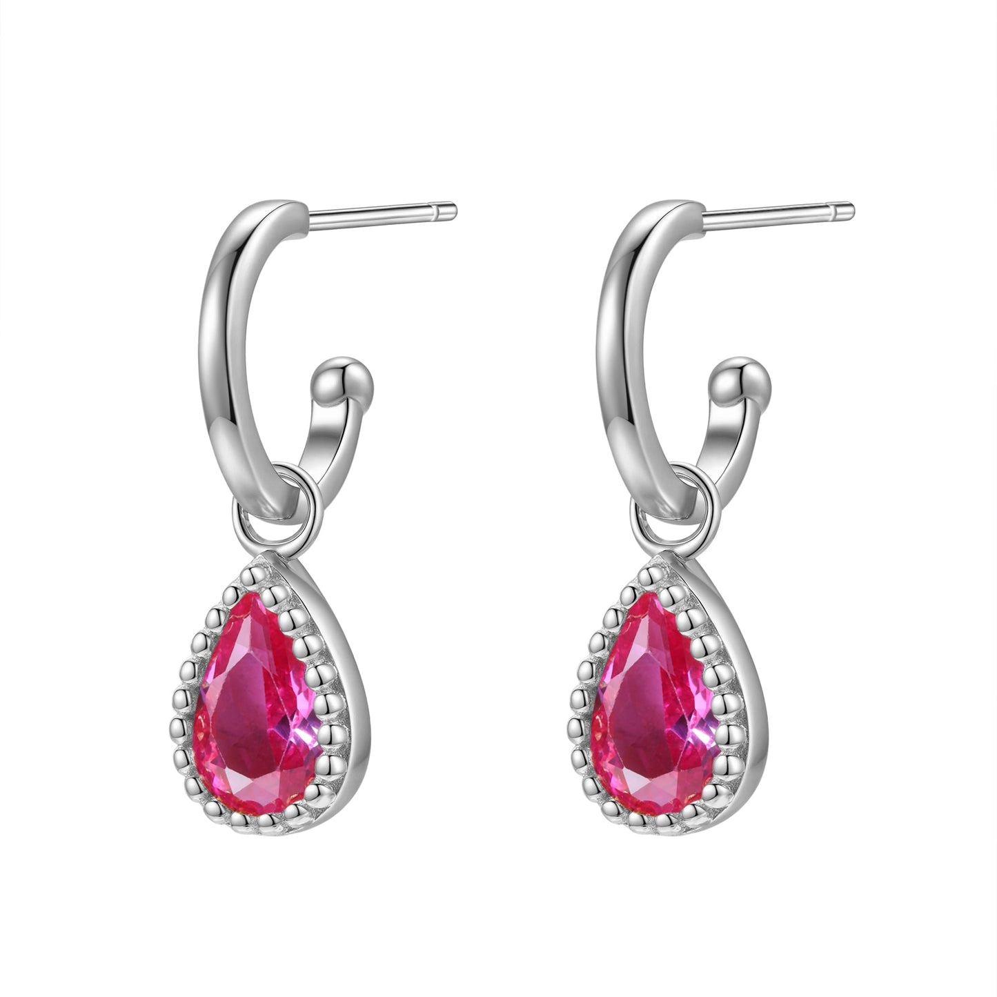 July Ruby Birthstone Hoop Earrings Sterling Silver