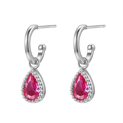 July Ruby Birthstone Hoop Earrings Sterling Silver