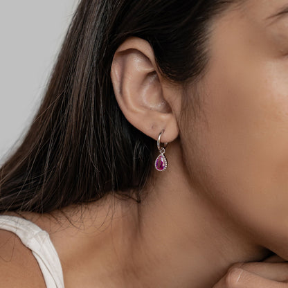 July Ruby Birthstone Hoop Earrings Sterling Silver