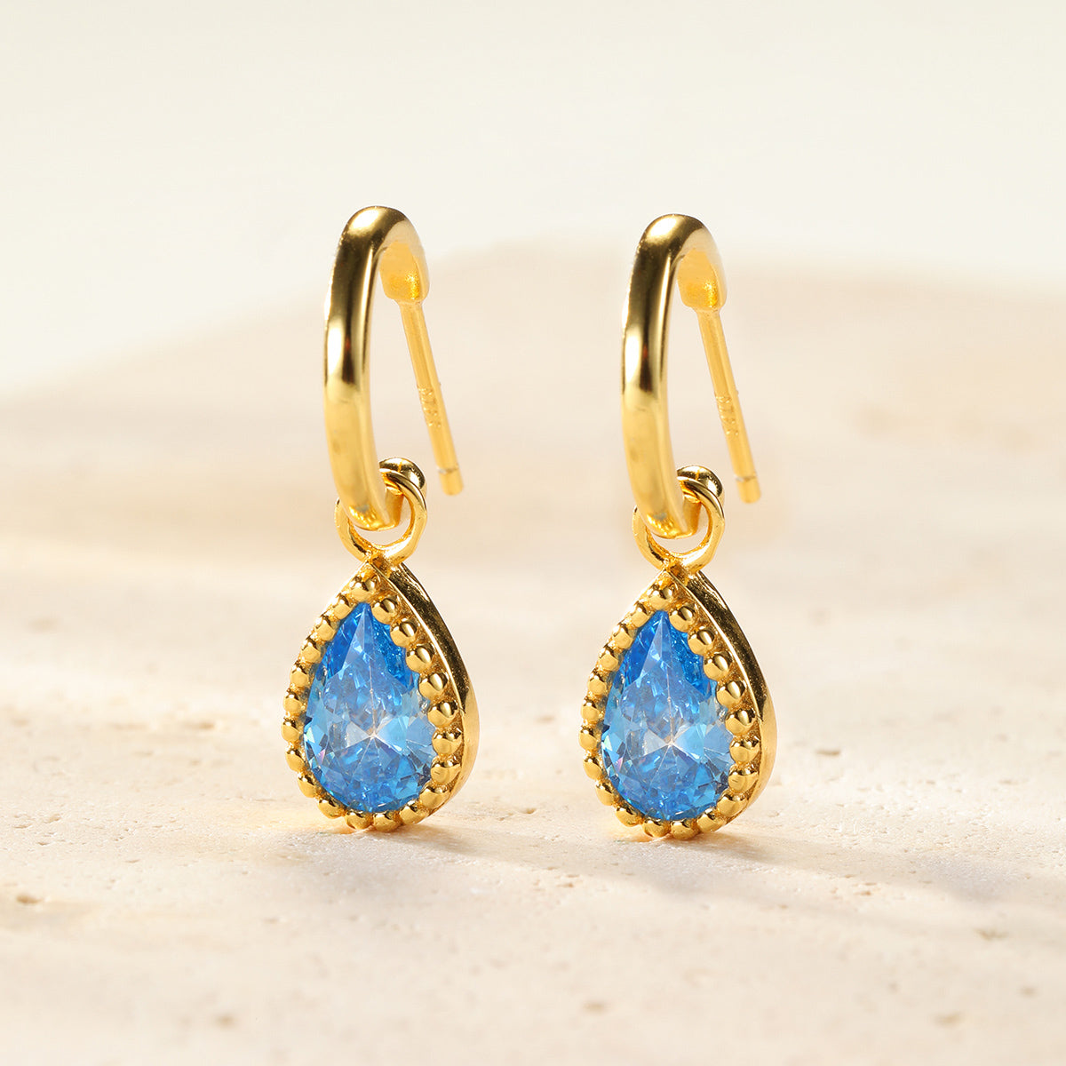 March Aquamarine Birthstone Hoop Earrings Sterling Silver