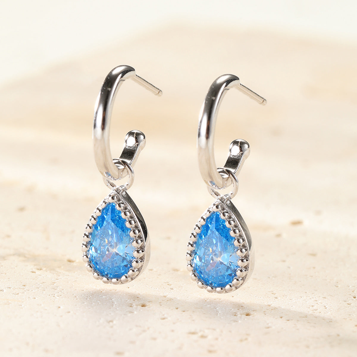 March Aquamarine Birthstone Hoop Earrings Sterling Silver