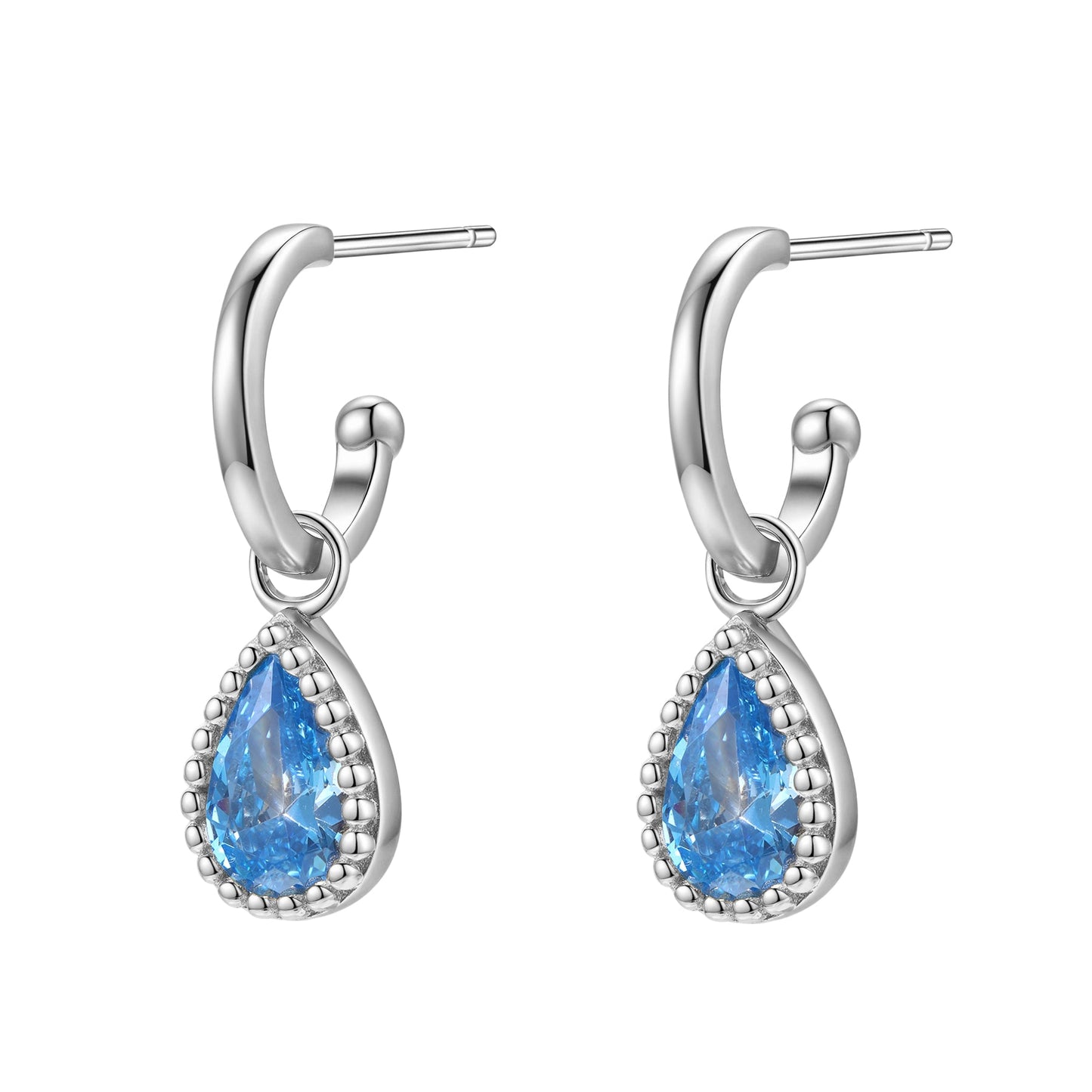 March Aquamarine Birthstone Hoop Earrings Sterling Silver