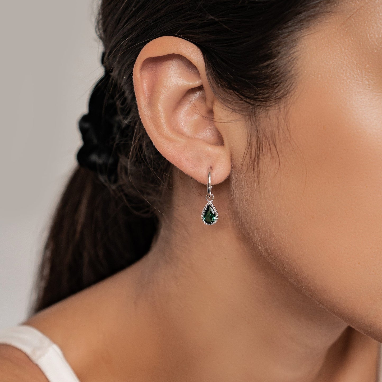 May Emerald Birthstone Hoop Earrings Sterling Silver