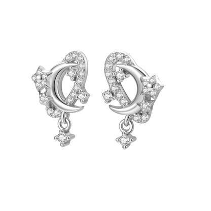 Moon & Star Sparkle Stud Earrings Sterling Silver