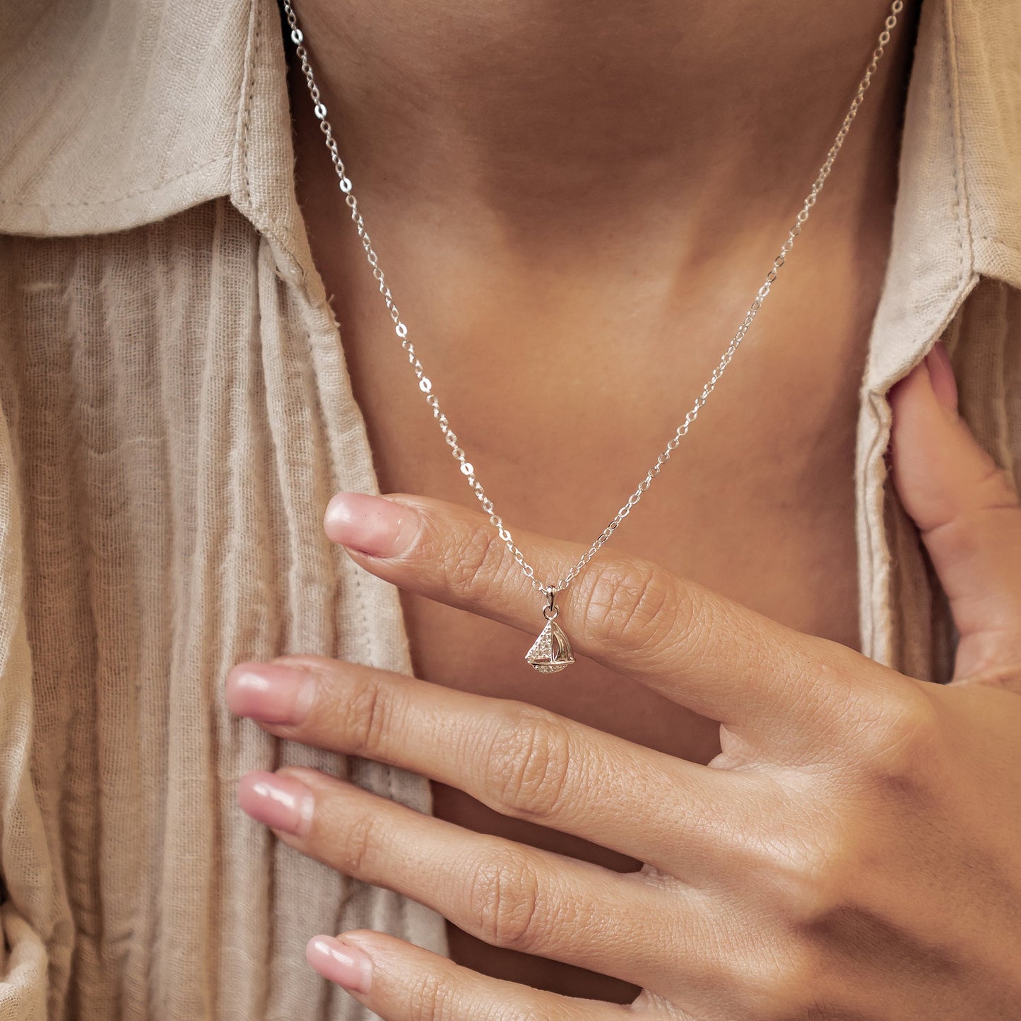 Sailboat Sparkle Pendant Necklace Sterling Silver