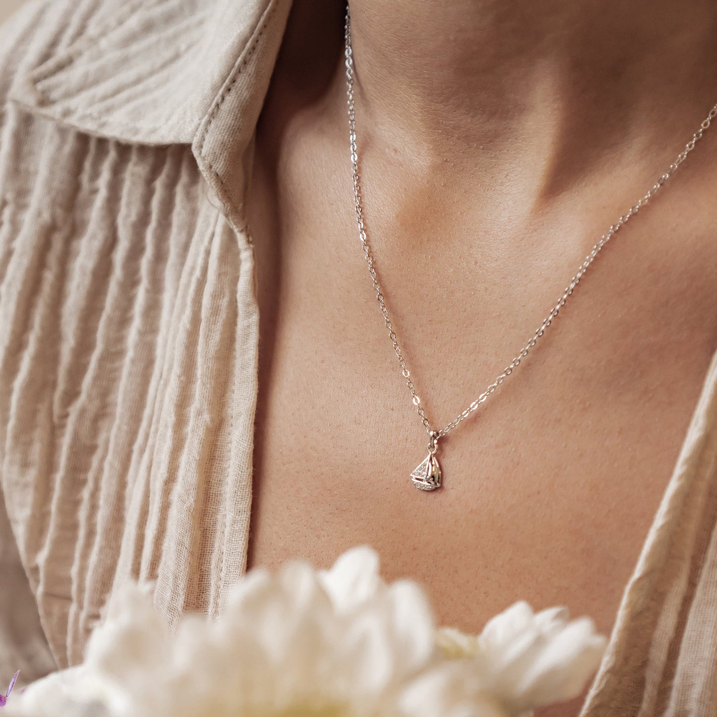 Sailboat Sparkle Pendant Necklace Sterling Silver