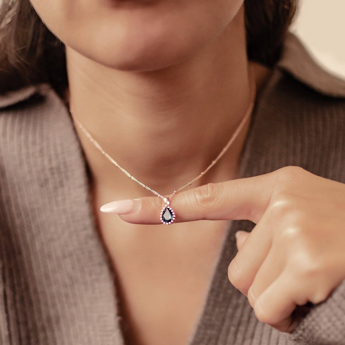 September Sapphire Birthstone Necklace Sterling Silver