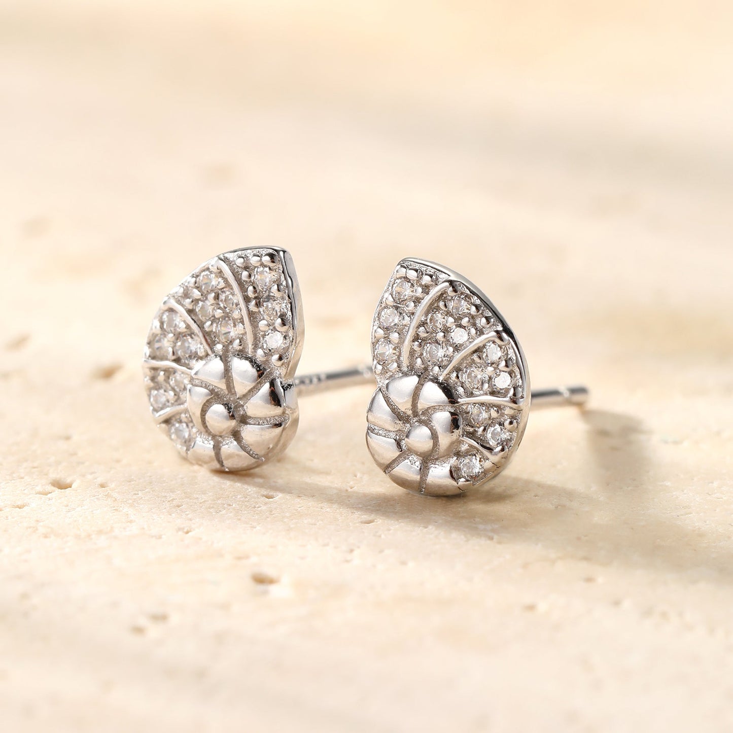 Shell Swirl Sparkle Stud Earrings Sterling Silver