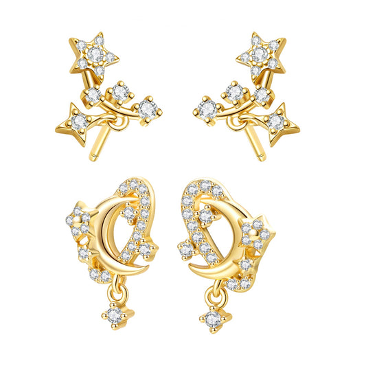 Sparkling Moon & Star Earring Set Sterling Silver