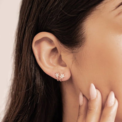 Twin Shooting Star Huggie Stud Earrings Sterling Silver