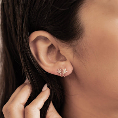 Twin Shooting Star Huggie Stud Earrings Sterling Silver