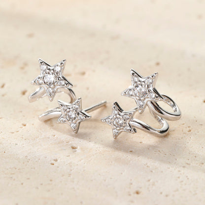 Twin Shooting Star Huggie Stud Earrings Sterling Silver