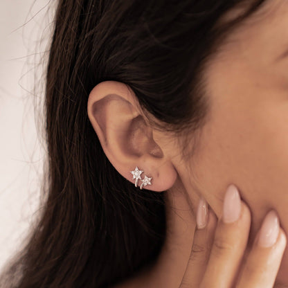 Twin Shooting Star Huggie Stud Earrings Sterling Silver