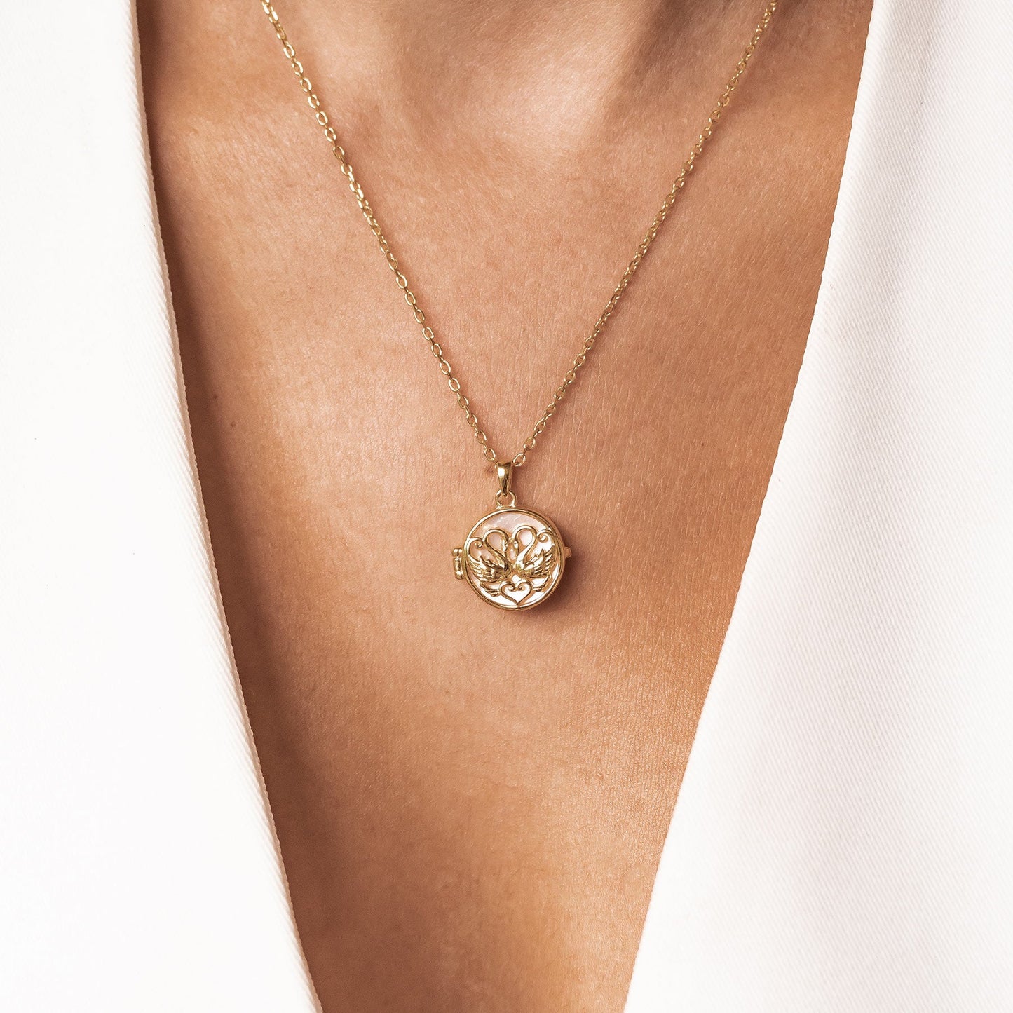 Twin Swan Heart Locket Necklace Sterling Silver