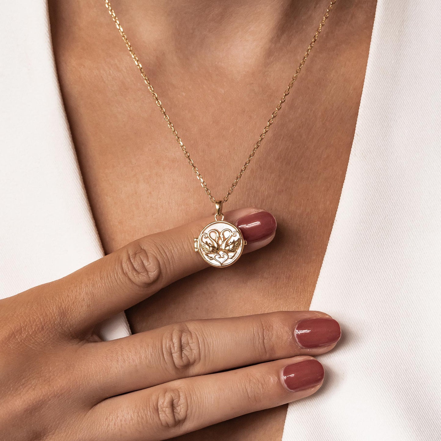 Twin Swan Heart Locket Necklace Sterling Silver