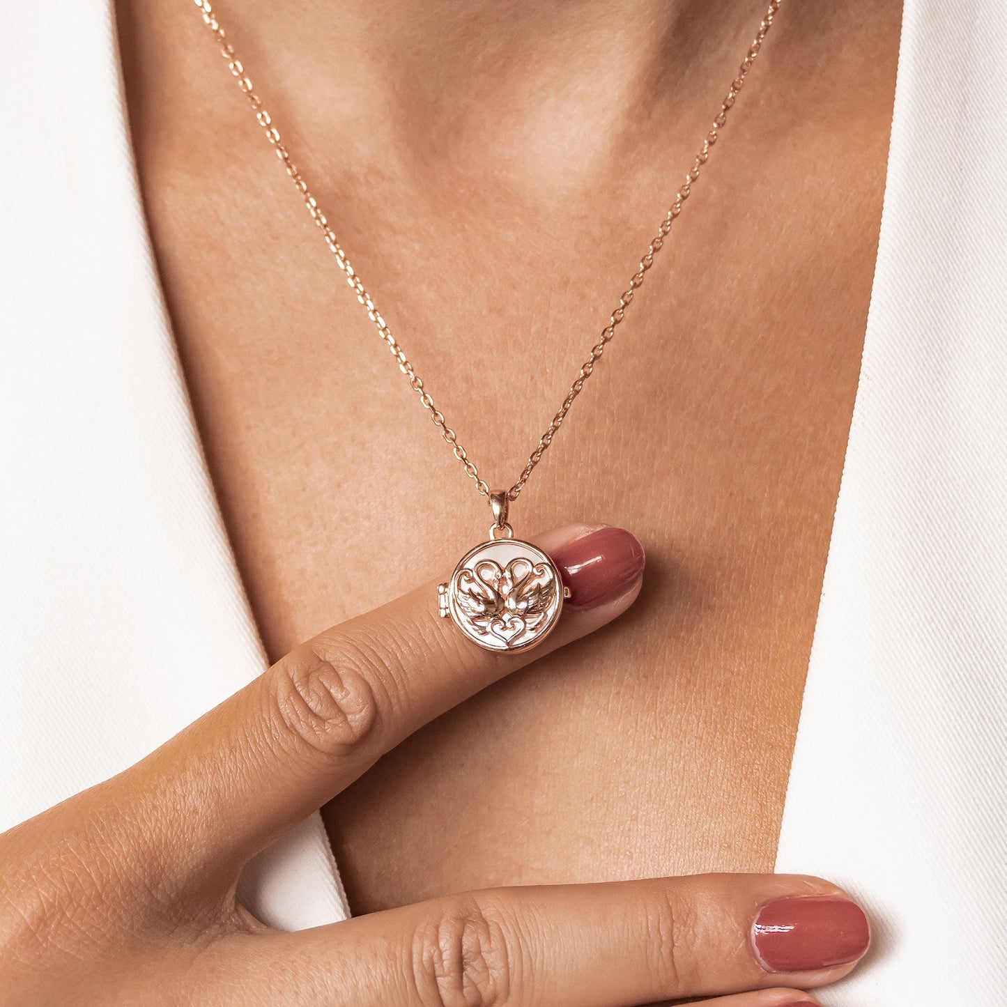 Twin Swan Heart Locket Necklace Sterling Silver